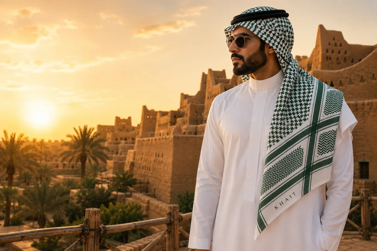Saudi model wearing the KHAIT Green Edition ghutra at golden hour
