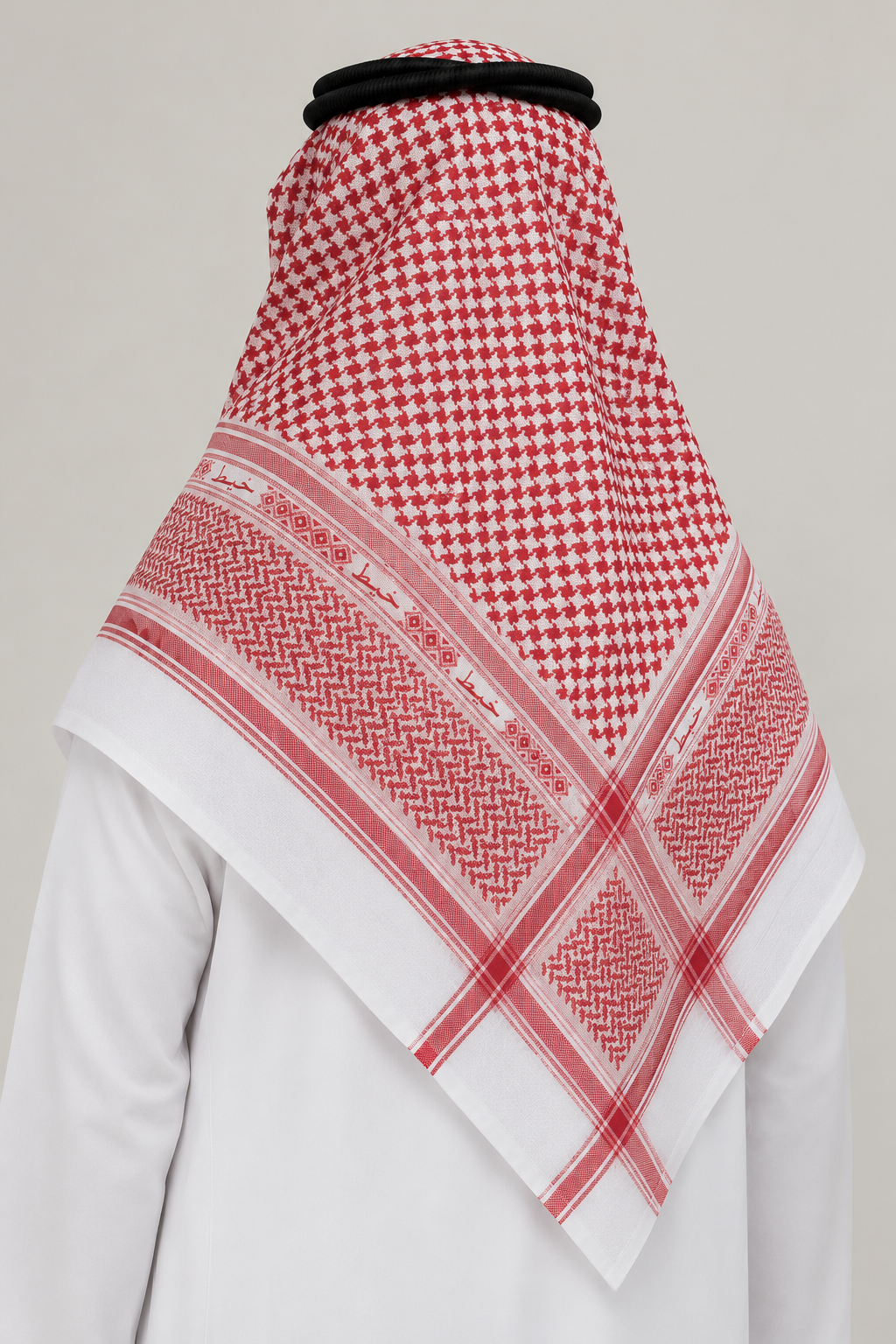 Man wearing Classic Ruby ruby-red ghutra (shemagh), full drape