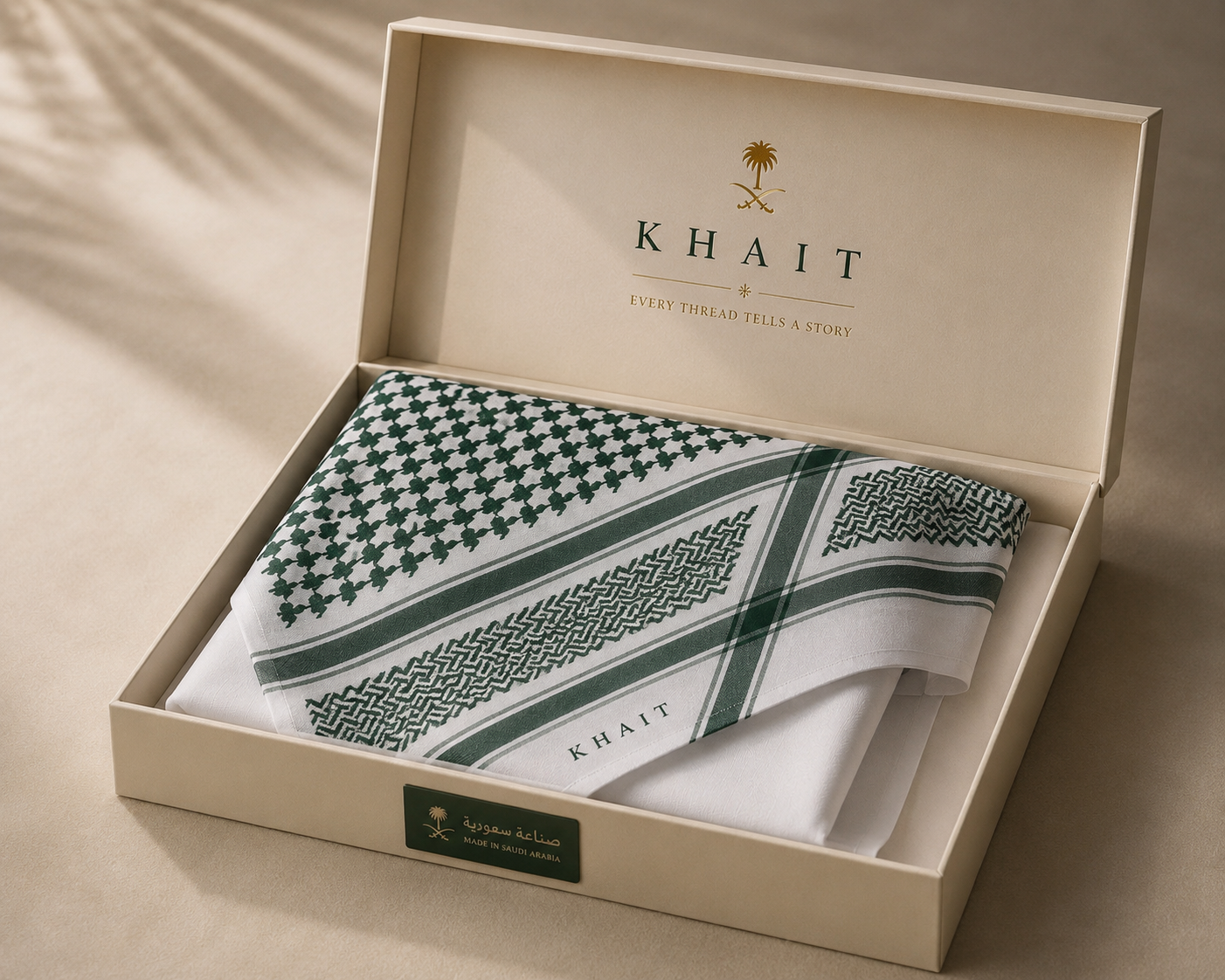 KHAIT Saudi National Day limited edition green ghutra in bone presentation box with Saudi emblem