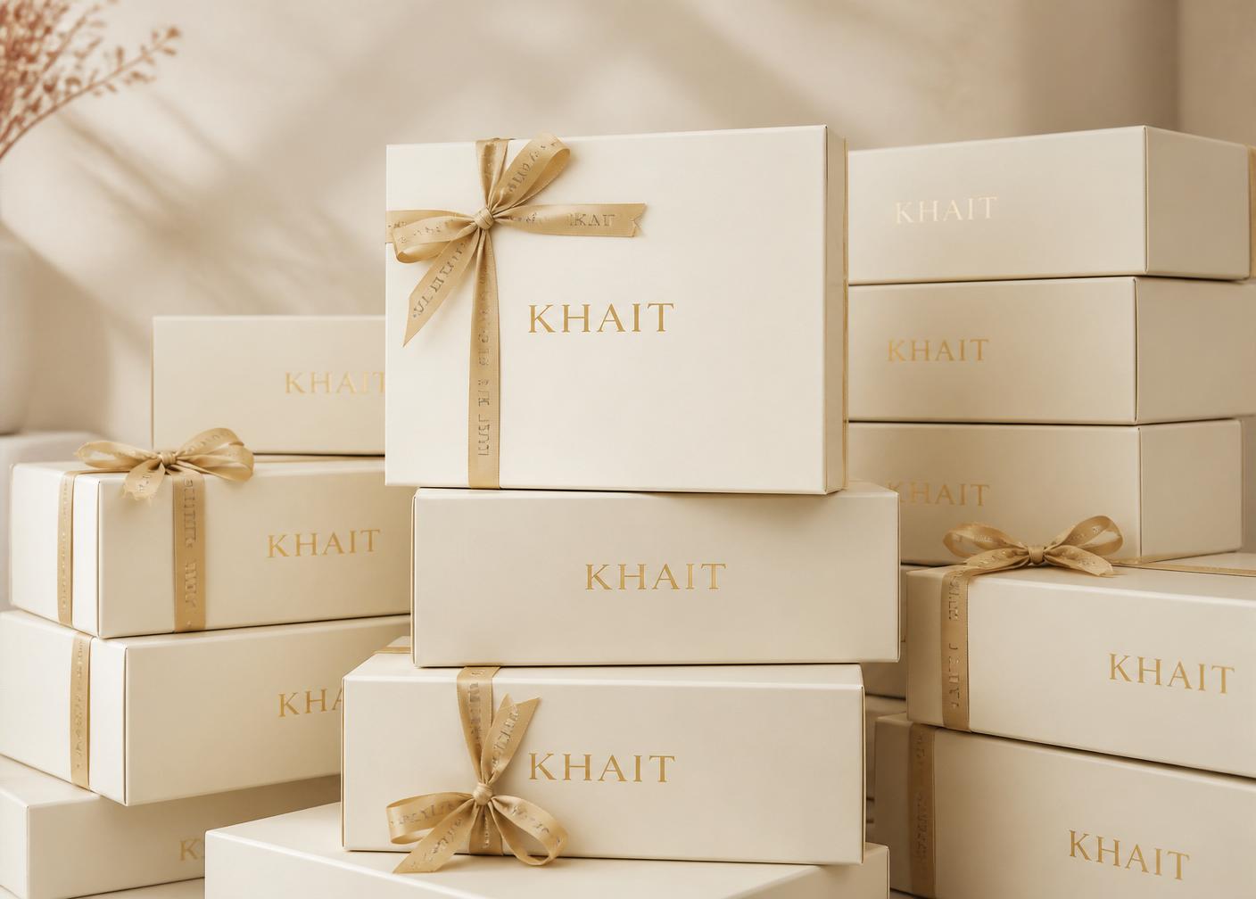Stacked KHAIT gift boxes for bulk corporate orders